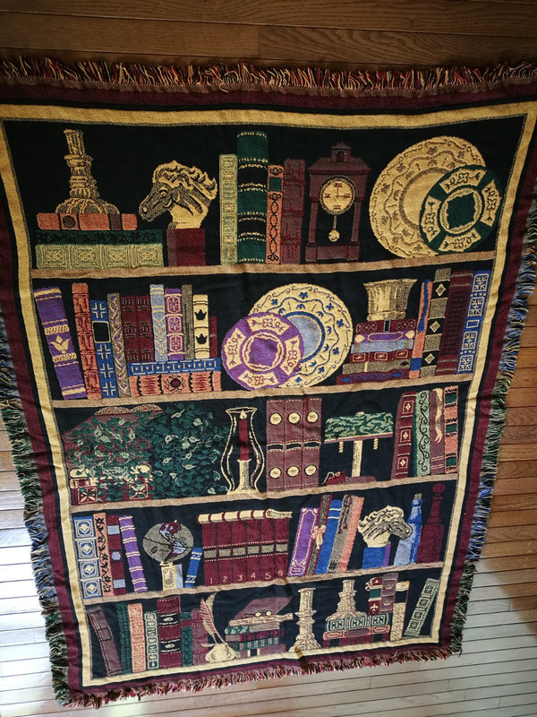 Vtg Goodwin Weavers Cotton Tapestry Fringe Blanket Library Book Shelf 68"x51"