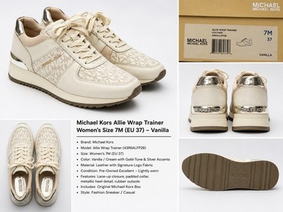 Michael Kors Allie Wrap Trainer Women s 7M Vanilla Leather Logo Sneakers EU 37