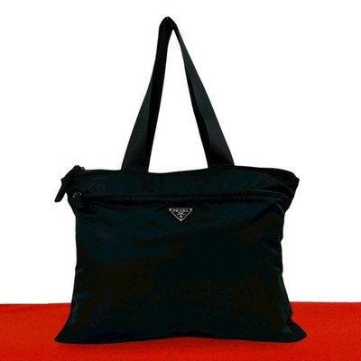 PRADA Black Nylon Triangle Logo Tote Bag Handbag Shoulder Bag Auth