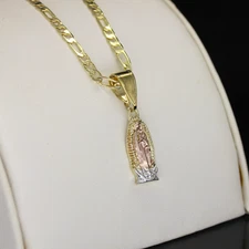 Guadalupe 14k Gold Plated Charm Tri Color Pendant 3mm 20" Figaro Necklace Chain