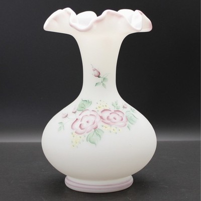 Vintage Fenton Art Glass Rose Garden Ribbed Melon Vase Signed Hand Painted