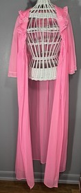 Vintage 60s Bubblegum Pink Long Peignoir Robe Empire Waist Chiffon Lingerie Med