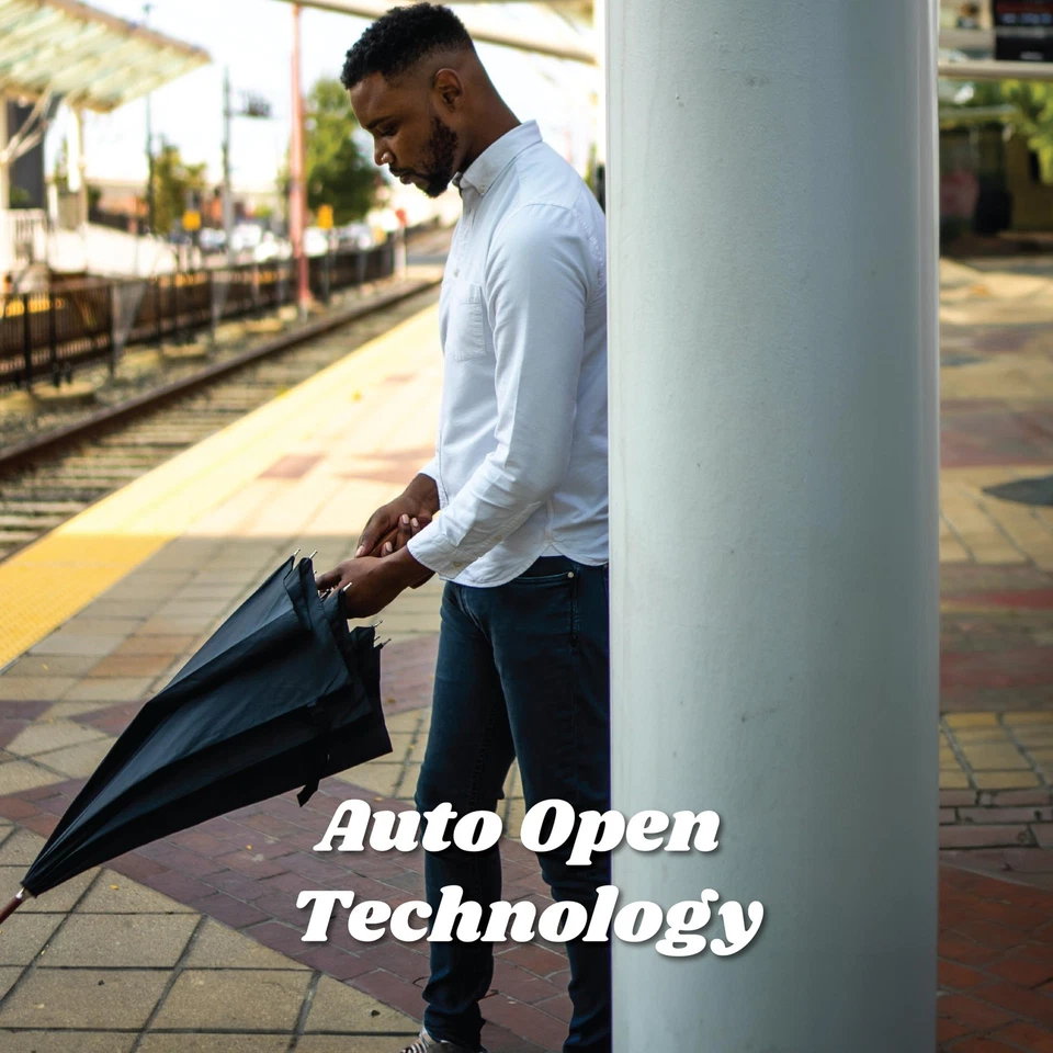 Paraguas abierto automático ecológico clásico mango de madera J Stick con fácil agarre - a prueba de viento, Foto 4 de 4