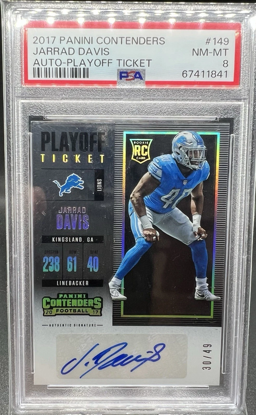 Jarrad Davis Panini Contenders #149 Autograph-Playoff Ticket