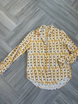 Lanhtropy 100% Linen Striped Shirt White Yellow Black Print Sz S $255