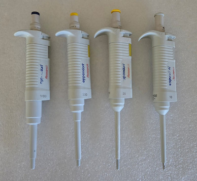 Eppendorf Research Pipette set 1000, 200, 20 & 10 uL with damage: Calibrated