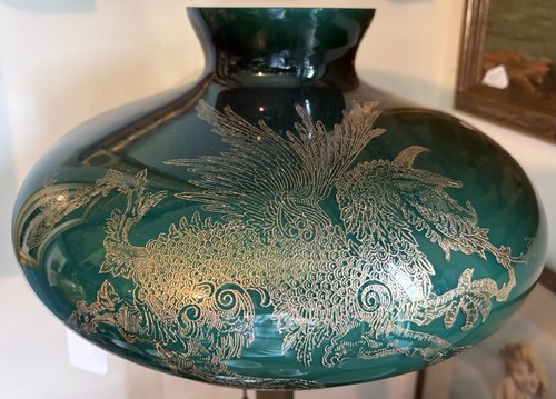 Antique Etched Dragon Oil Student Lamp Emeralite Green Cased Glass 10” SHADE