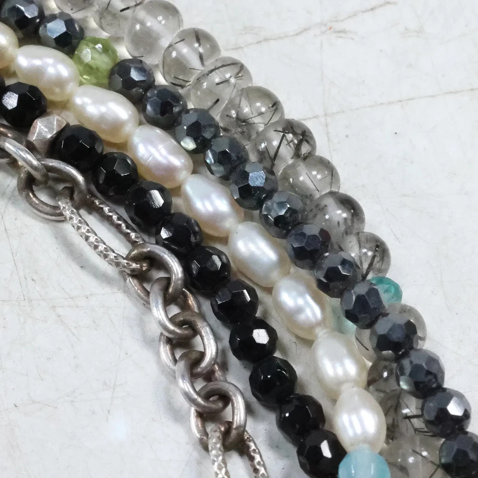 Sterling Silver 5-Stand Necklace Art Glass w/ Turquoise, Genuine Cultured Pearl - Image 3 of 4