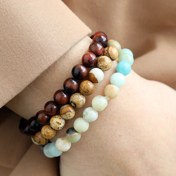 Natural Semi Precious Crystal Stones with Evil Eye 8 mm Bead Bracelet