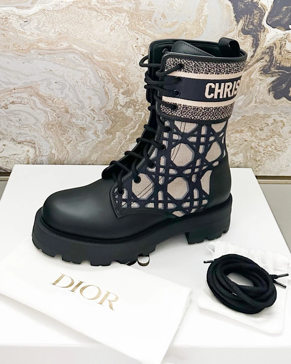 Christian Dior Calfskin Leather Canvas Cannage D-Major Ankle Boots
