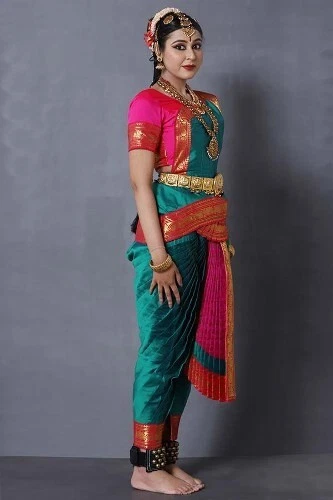 Mujeres Tradicional Rosa Verde Seda Bharatanatyam Vestido de Baile Disfraz Foto 4 de 4