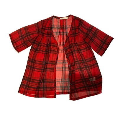 Minkpink Red Plaid Shirt Button Up Transparent Short Sleeve Polyester Top