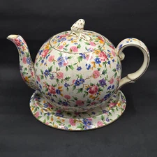 Vtg Royal Winton Old Cottage Chintz 5 Cup Elite Teapot w/ Round Tea Tile Trivet