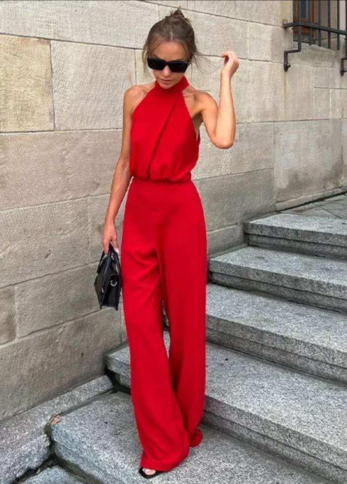 ZARA NWT WOMAN LONG HALTER JUMPSUIT RED, 0387/159