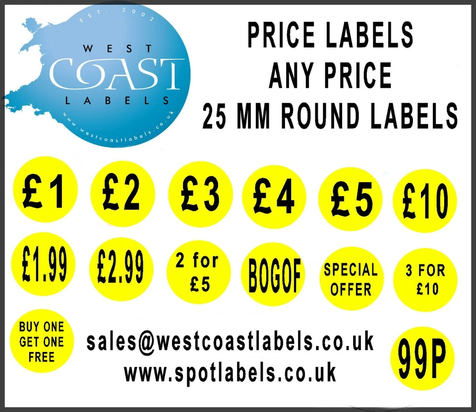 Price Stickers Bright Yellow Round Retail 99p £1 £2 Self Adhesive Personalised