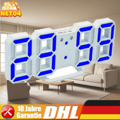 LED Wand Schreibtisch Wecker 3D Digital Display USB Uhr Desktop 12/24 Stunden