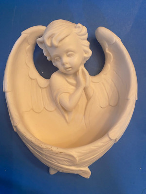 Vintage Holy Water Font, White Winged Angel wall pocket Resin. 6.5''