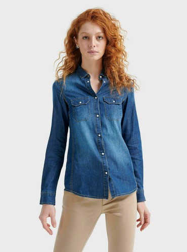 Camicia donna di jeans manica lunga slim fit cotone camicetta elasticizzata  da M | eBay