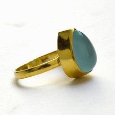 Genuine Aqua Blue Chalcedony Gemstone 14K Yellow Gold Wedding Gift Ring Size 8
