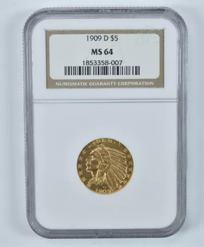1909-D $5 Indian Head Gold Half Eagle MS64 NGC PQ *9257