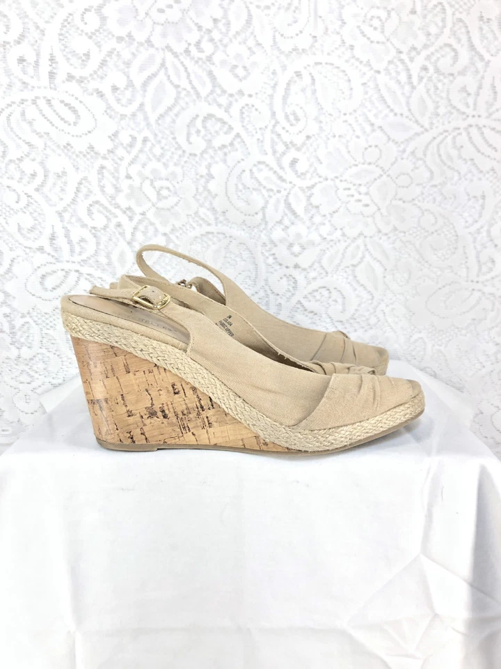 B11 Seychelles Woman Size 9M COLADA Tan Canvas Peep Toe Slingback 4'' Cork Wedge - Image 2 of 4