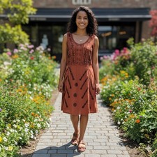 Unbranded Mini Sun Dress Waist Tie Rust Brown One Size Cottagecore Boho Hippie