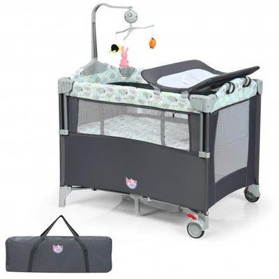 5-in-1 Portable Baby Beside Sleeper Bassinet Crib Playard with Diaper Changer-Gr