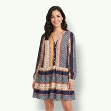 LOFT Petites A-Line Dress Multicolor Geometric V-Neck Long Sleeve Short XXSP