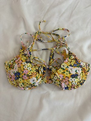 NWOT Time & Tru Women s Bikini Top Yellow Floral Swimsuit Top Tropical Beach H6