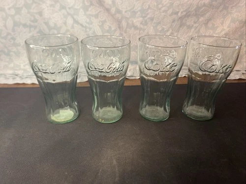 Vintage Coca-Cola Green Tinted Fountain Style 16 oz Glass Set of 4
