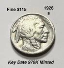 1926-S San Francisco Mint Buffalo Nickel Fine Condition Full Date Partial Horn