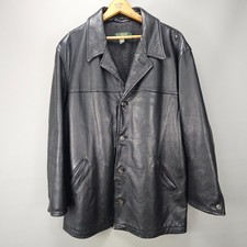 J CREW Wool Blanket Lined Black Leather Car Coat vtg 90s Oarsman Size Large