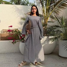 Women Belted Maxi Dress Muslim Abaya Dubai Kaftan Ramadan Dress Gown Arab Robe