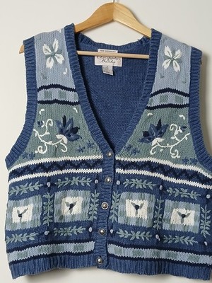 Vintage Christopher & Banks bestickte Strickweste blau geblümt UK 12 14 90er Boho