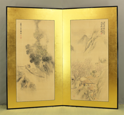 塩川文麟 Shiokawa Bunrin (1808-1877) Paired Two Panels Byobu