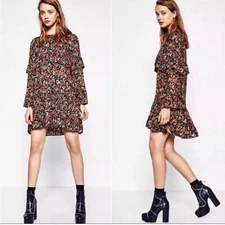 Zara Trafaluc Collection Black Floral Boho Tiered Ruffle Fall Tunic Mini Dress
