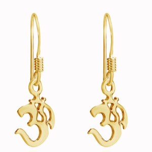 Authentic Hindu Om or Aum Symbol Dangle Drop Earrings 14K Yellow Gold Plated Sterling