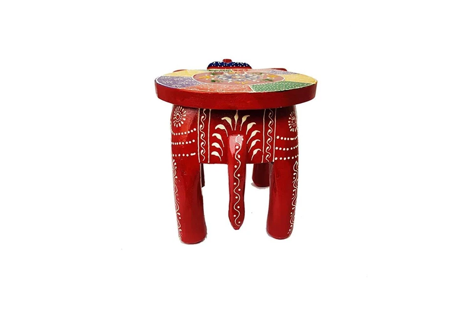 Hand-Crafted Wooden Elephant Stool, Emboss Painted (Multicolored) - Image 4 of 4