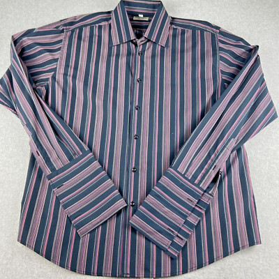 Debe Shirt Mens Large L Black Pink Striped Button Up Long Sleeve Made In Italy