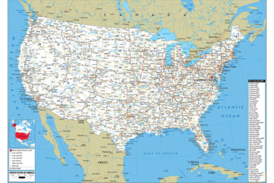24x36 Inch American Road Map USA United States Poster US Atlas Wall Print Mural