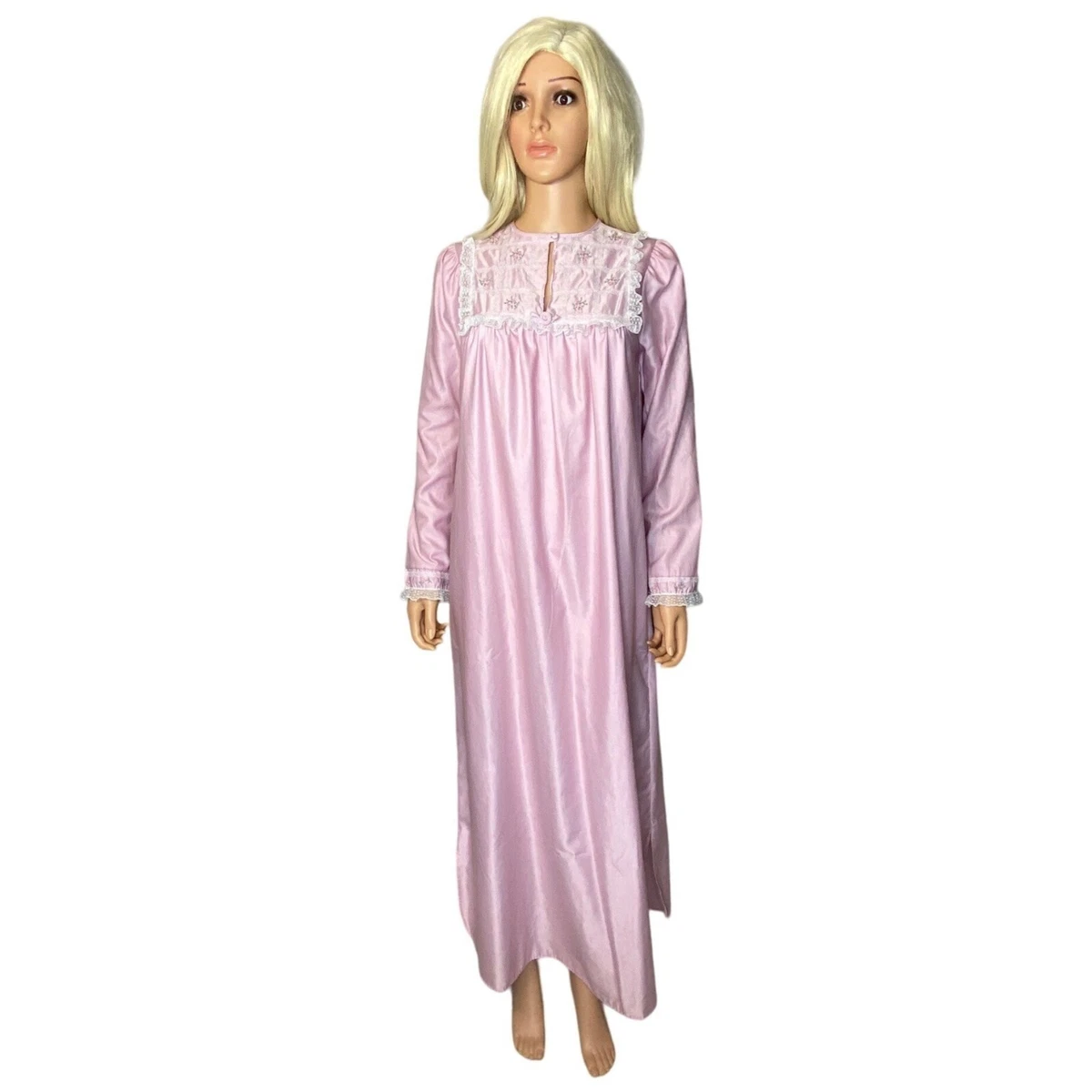 Vintage 70 s Barbizon Nightgown Pink Embroidery Lace USA Modest S