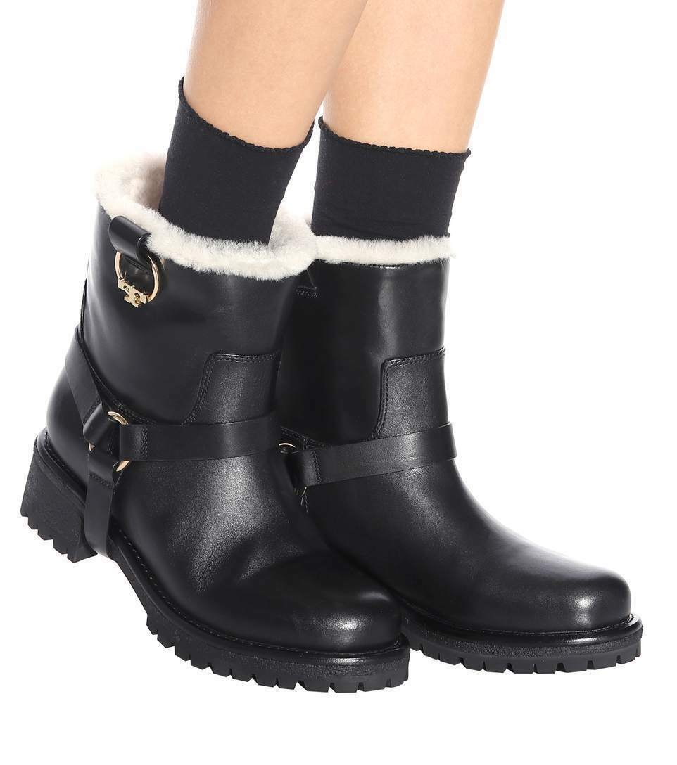 Tory Burch Boots Lug Sole Henry Shearling Fur Ankle Harness
