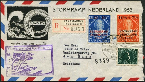 Suriname #B53-B54 Flood Disaster Relief FDC 1953 Registered Airmail Netherlands