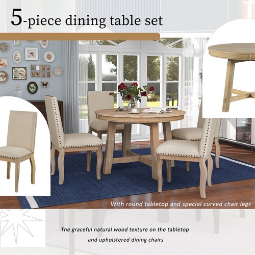 5Piece Dining Set Furniture Extendable Table w/ 4 Upholstered Chairs Solid Wood - Picture 5 of 17