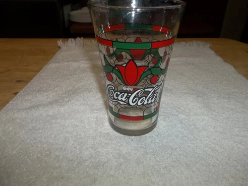 Coca Cola Coke Stained Glass Vintage Tulip Flared Red Green Drinking Glass