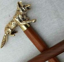 Antique walking stick with fox brass head handle vintage wooden cane