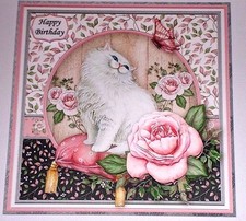 Handmade Greeting Card 3D All Occasion With A White Cat And Roses
