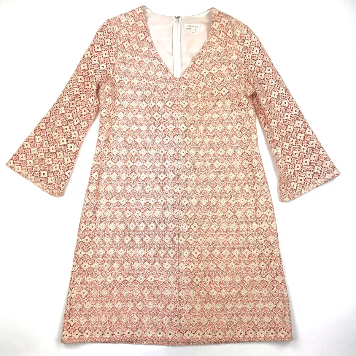 Shoshanna Women's Pink White Macrame Eyelet 3/4 Sleeve V-Neck Shift Dress  Sz 8 | eBay