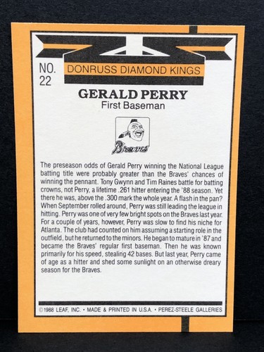 Gerald Perry 1988 Donruss Diamond Kings #22 - Atlanta Braves - Picture 3 of 3