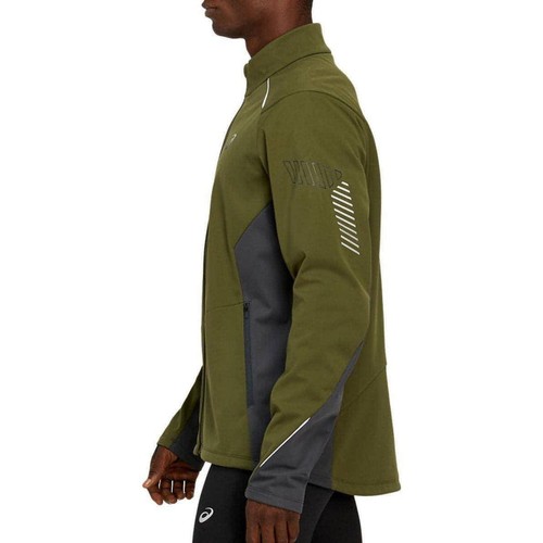 Asics Lite-Show Winter Mens Running Jacket Green Run Hi Vis Reflective Full Zip - Picture 3 of 4